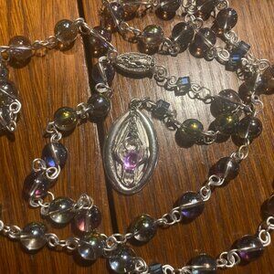 Handmade Feminist Rosary with Rainbow Shimmer Glass Beads